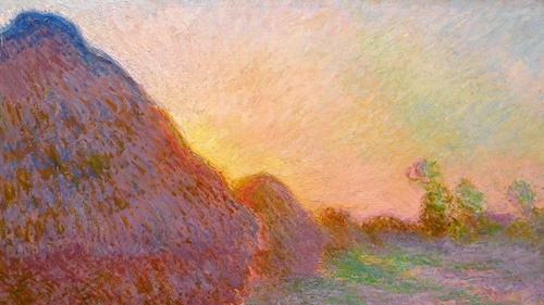 A haystack is painted as standing strongly against the sunset.
