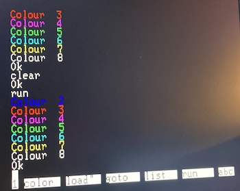Colours 2 through 8 shown on the BASIC screen.