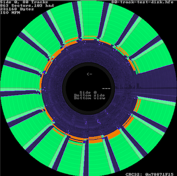 The track view of a "test pattern" 80-track diskette. You can see that the majority of sectors are read properly, and then they grow orange/defective as you approach the centre. About halfway in, the tracks are indistinguishable from noise, and are shown as blue static.