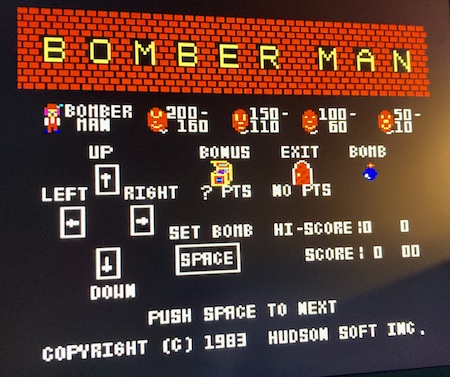 The title screen for Bomberman, explaining the controls, monsters, and scoring system.