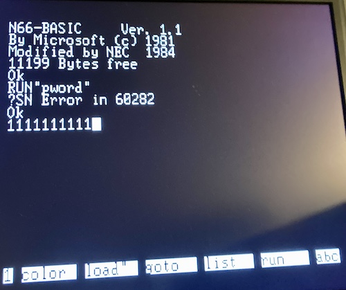 The N66-BASIC screen slowly filling up with 1s.