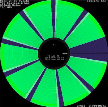 The track view of a known-good "LapLink" disk which has been read in using the PC-6601SR's F-353 floppy drive. Every sector is green.