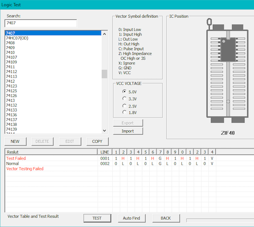 The MiniPro/XGECU software running the logic chip test for a 7407. At the bottom of the screen, you can see that one of the tests has failed. For an additional dose of comedy, note that "result" is spelled "reslut."