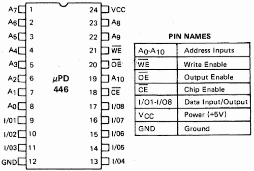 The pinout for the µPD446, from the datasheet.