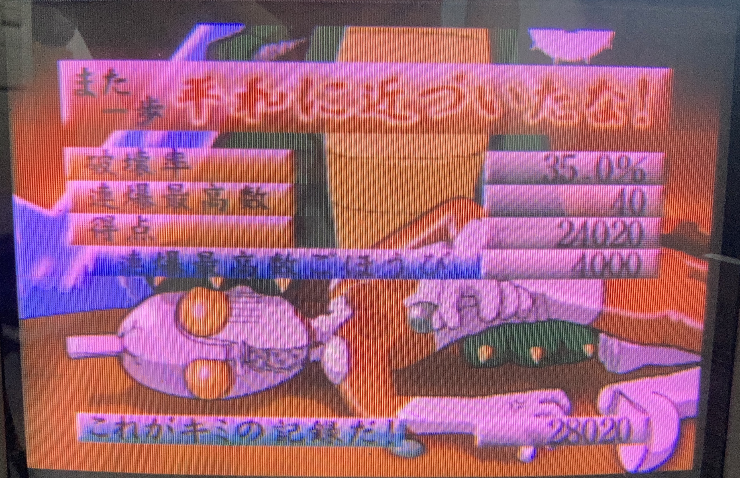 My first level score: 35% destruction, maximum number of explosions at one time was 40, score was 24,020, explosion bonus 4000 points. Total score 28,020. The remark at the top says something like "we're getting closer to peace again!" I got a 75k score on a later run when I got a better grasp of the collect-fruit-combo mechanic