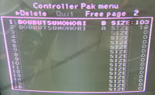 The Controller Pak menu in Hybrid Heaven. The only two games listed are DOUBUTSUNOMORI.B and DOUBUTSUNOMORI.A for 103 and 13 pages, respectively. The controller pak has 2 pages free.