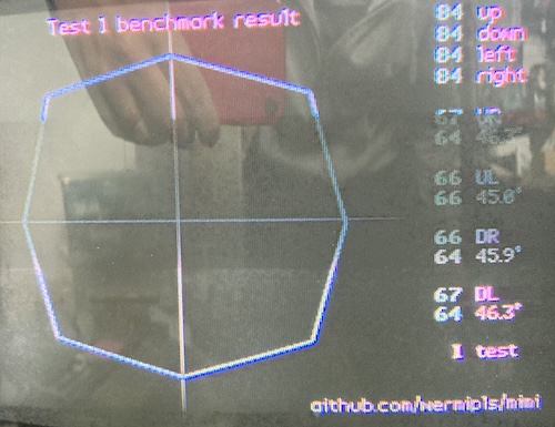 The Mimi diagnostic screen reports 84 up 84 down 84 left 84 right, 67 UR, 64 46.3° (yellow), 66 UL, 66 45.0° (green), 66 DR, 64 45.9° (green), 67 DL, 64 46.3° (yellow), 1 test
