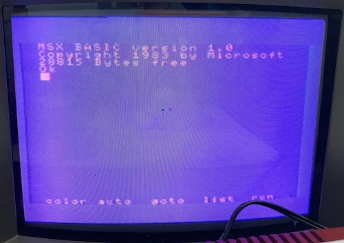 MSX-BASIC 1.0 is loaded. It shows that it has 28,815 bytes free which is what you would expect for a 32K computer.
