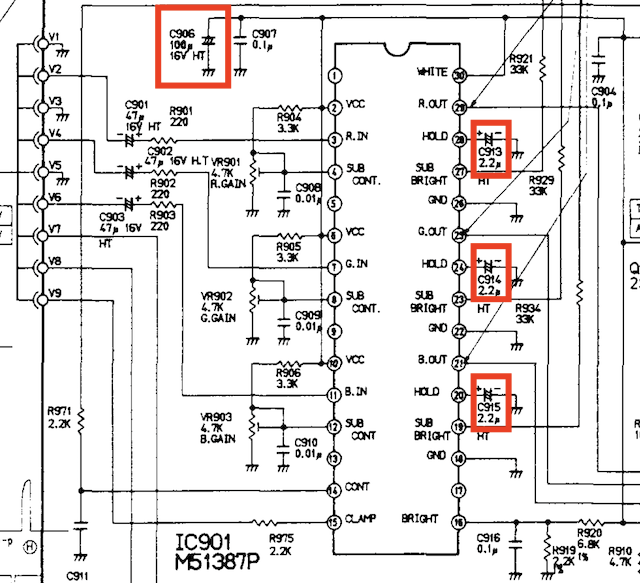 The 2.2µF caps are highlighted in red. There's one on the decoupling part of Vcc on the IC, and the rest are on pins marked 'HOLD'