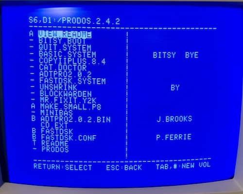 "Bitsy Bye" on the IIgs, showing the ProDOS disk image full of utilities such as Copy II Plus and ADTPro.