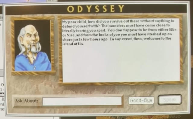 An NPC in Odyssey is complaining that the player doesn't have any weapons or clothes and will be vulnerable not only to monsters, but his conveniently stereotyped political enemies