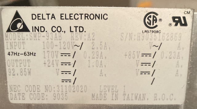 The Delta power supply label. The date code is 90/35, and it's a Delta SMP-93AB REV A2