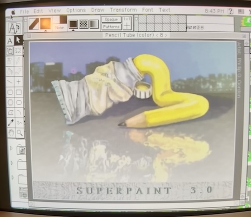 The sample image from Aldus SuperPaint 3.0, showing a pencil being squeezed out of a tube of paint against a city skyline.