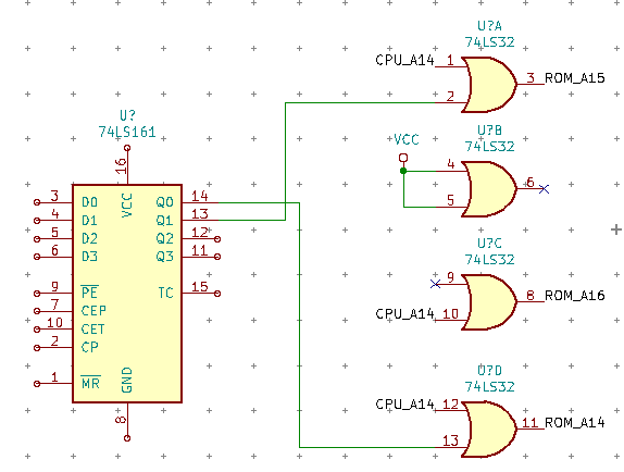 A bunch of OR gates and a counter connected up. One of the OR gates just has two VCCs tied together and no output. Another is the counter Q1 OR CPU_A14 = ROM_A15.