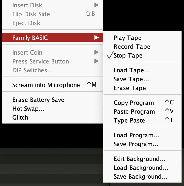 The Nintaco Family BASIC menu has cool-sounding features like "Save Program" and "Copy Program," as well as Famicom curiosities like "Scream into Microphone" and "Glitch"