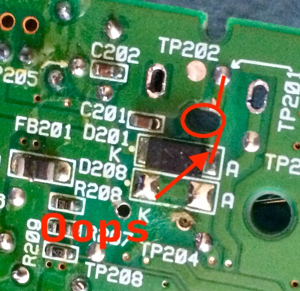 The number-one pin on the 9V jack used to go to the anode of this diode