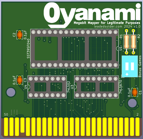 The version-one PCB as it was sent to JLCPCB. It reads "Oyanami Megabit Mapper for Legitimate Purposes."