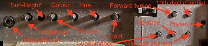 The settings on the front. Headphones, brightness, sub-brightness, "picture," colour, hue, vertical hold, superimpose, channel up/channel down ("forward/reverse tuning") 1s-digit channel, 10s-digit channel, and a switch that toggles preset modes.