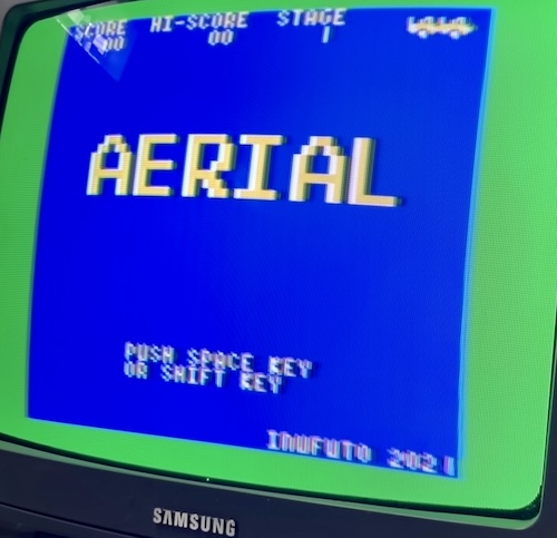 The title screen of "Aerial," running on real hardware.