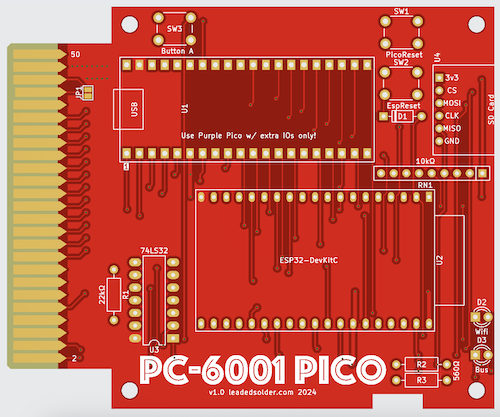 The version-one cartridge, in red. Notice how a 74LS32 is being used.