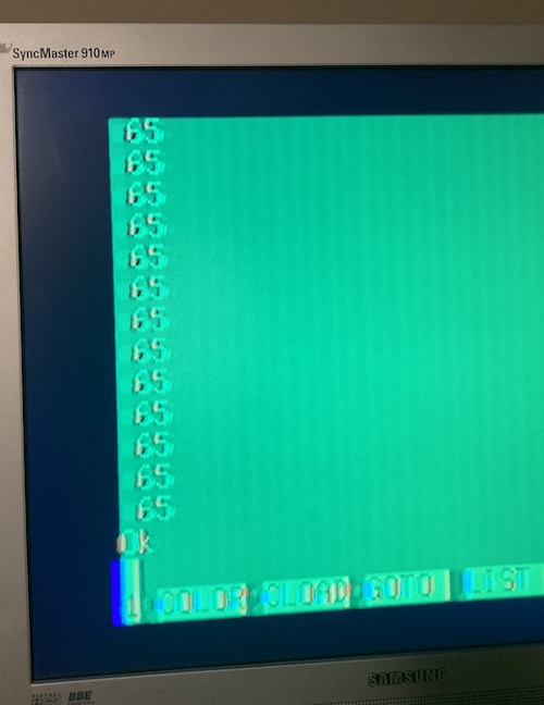The first byte of the ROM (decimal 65, or ASCII 'A') is being read back through the Pico and into the PC-6001.