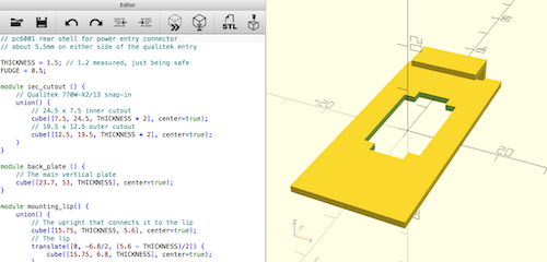 The power bracket is being edited in OpenSCAD.