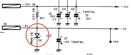 A Zener diode is used to regulate the -12V line to -5V.