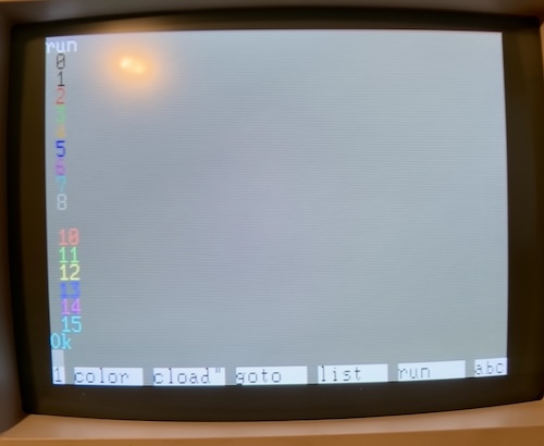 Numbers 0 to 15 inclusive count up, changing colours with each line. 16 different colours are shown.