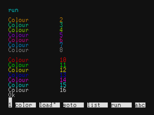 The PC6001VX emulator is showing all 16 colours of the mk2's Mode 5. It goes black, orange, teal, dim green, dim purple, dim pink, dim blue, dim grey, and then brighter versions of all of those.