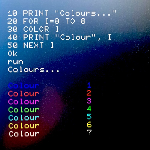 All eight colours are visible, along with a BASIC program. Sorry for the contrast-boosting edit, I was taking this picture in the middle of the day and the sun was blowing out the background.
