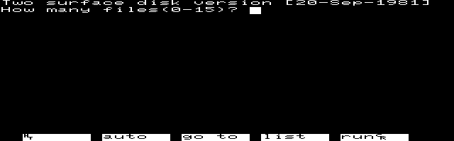 Disk BASIC has started in MAME automatically, claiming it is the "two-surface disk version" from 20 September 1981. It then asks "how many files(0-15)?"
