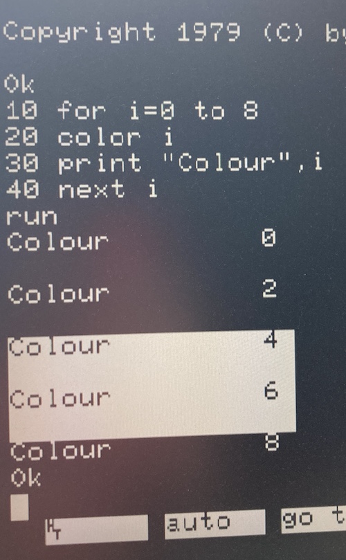 The display is still in monochrome, saying "COLOUR 0, nothing, COLOUR 2, nothing, COLOUR 4, nothing, COLOUR 6, nothing, COLOUR 8." 4 and 6 are in reverse video.