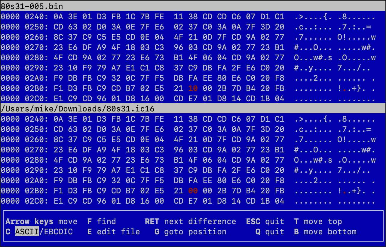CDP's ROM dump (bottom) shows $00 where my ROM dump (top) shows $10.