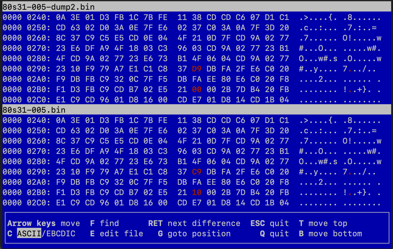 The two ROM dumps differ by two bytes. Dump two has byte $d9 and byte $00, whereas dump one has byte $c9 and byte $10.