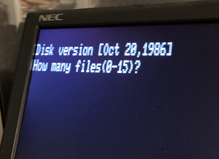 The sign-on message for N88 Disk BASIC. It says: "Disk version [Oct 20,1986]"