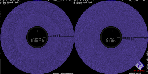 The "dummy disk" view of a disk ripped using the Greaseweazle on the 88MH's first drive. You can see it's just depressing purple static instead of beautiful green geometric sectors.