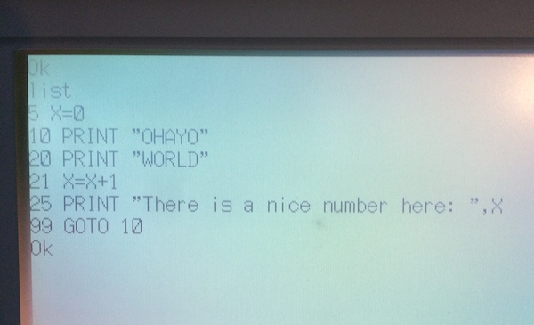 A simple N88-BASIC program of incrementing a variable in a GOTO loop.