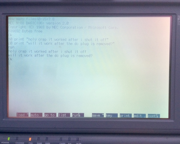 A screenshot of BASIC working, after a cold boot