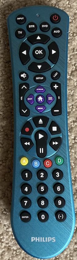 A Philips universal remote, SRP4229, in an attractive but somehow also cheap-looking brushed aquamarine blue.