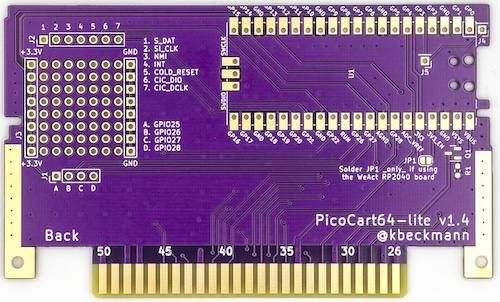 The PicoCart64 PCB, in purple. A prototyping area is shown in the top left which provides popular control signals like NMI, COLD_RESET, etc.