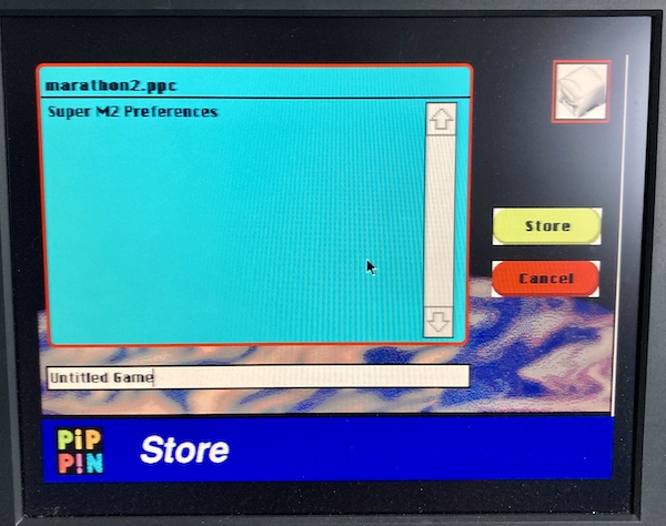 The Pippin save screen. It has a pointlessly oversized scroll bar and a text entry field at the bottom of the screen for inputting the save game name