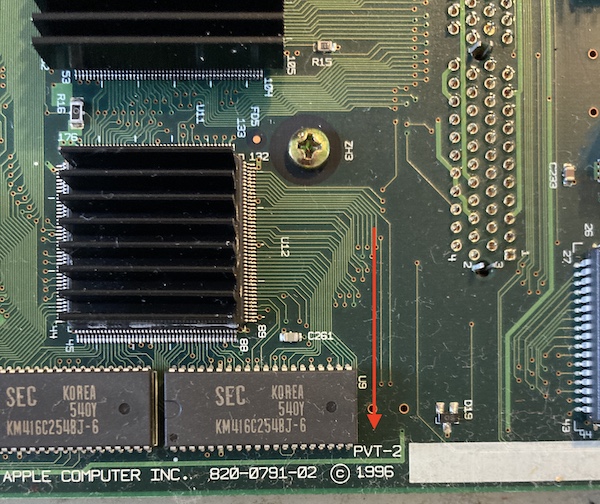 An arrow points to the "PVT-2" marking on the board. You can also see some 512kByte DRAMs nearby.