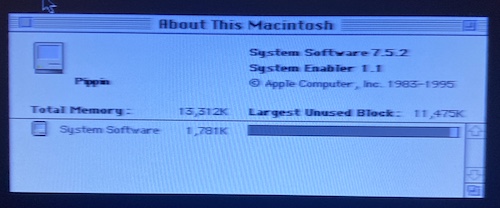 About This Macintosh: the model is Pippin, running System Software 7.5.2, Enabler 1.1. 13,312K of RAM are available to the system.