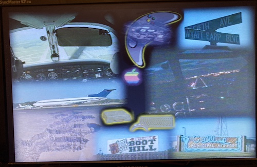 The Tucson CD startup screen, showing a plane landing, a Pippin controller turning into a plane, the corner of Fifth Ave and Wyatt Earp Blvd, another plane, another plane landing, a hole in the ground as seen from a plane, a Pippin with controller and keyboard, the Entrance to Boot Hill, and the sign for Callue Municipal Airport.