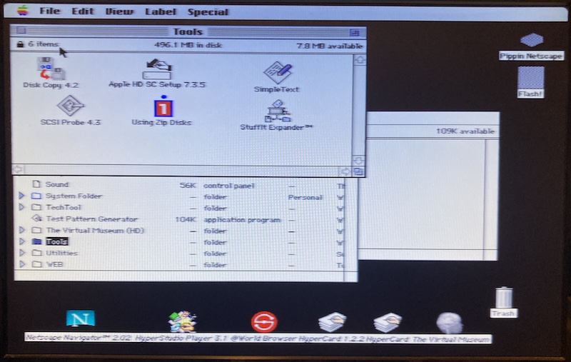 The "Tools" folder is opened on the Pippin: it has Disk Copy, Apple HD SC Setup, SimpleText, SCSIProbe, and Stuffit Expander. Standard Mac-owner utilities, especially for a power user.