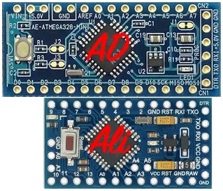 The blue board on top (marked "AD" for Akizuki Denshi) is significantly larger than the blue board on the bottom (marked "Ali" for AliExpress.) As well, the pin numbers and names are different, including the six-pin programming header at the rear of both boards.