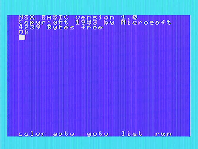 The MSX BASIC screen. MSX BASIC version 1.0 Copyright 1983 by Microsoft 4239 Bytes free Ok