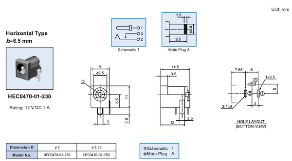 The power jack in the catalogue. Inner pin dimension 'D' is called out as 2.0mm diameter. The overall diameter is 6.5mm.