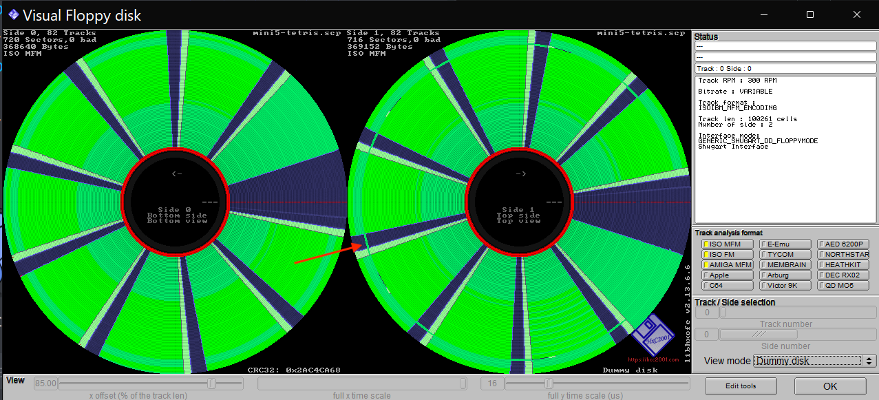 The Tetris disk, shown in the HxC disk visualizer. The shifted track is highlighted.