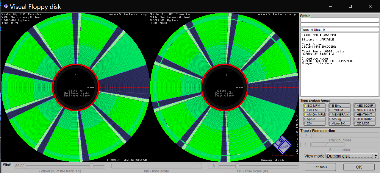 The Tetris disk, shown in the HxC disk visualizer. Notice how there are fewer green pizza slices – a mere 9.